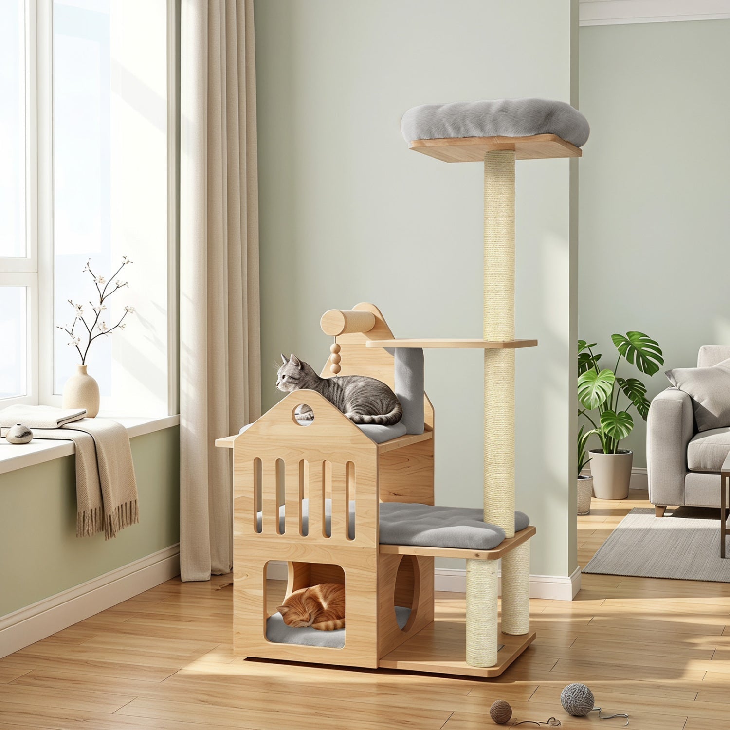 Multi-Level Solid Wood Cat Tree 48.5" with Condo & Scratchers - Majestic Pet Kingdom