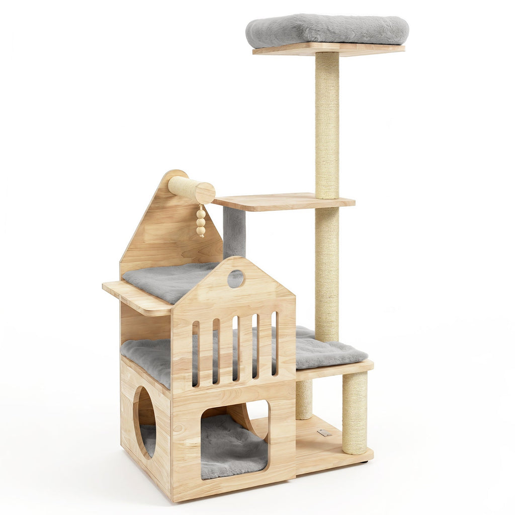 Multi-Level Solid Wood Cat Tree 48.5" with Condo & Scratchers - Majestic Pet Kingdom