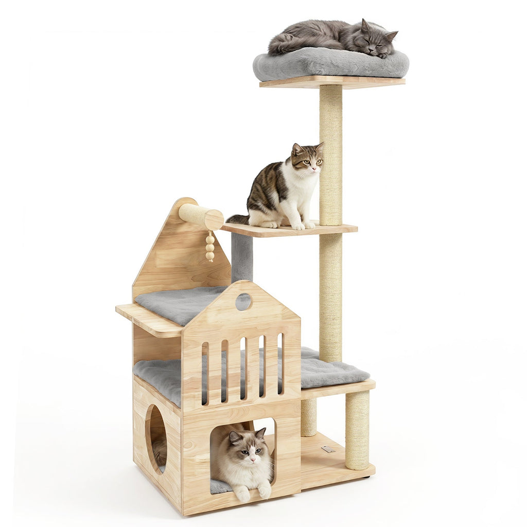 Multi-Level Solid Wood Cat Tree 48.5" with Condo & Scratchers - Majestic Pet Kingdom