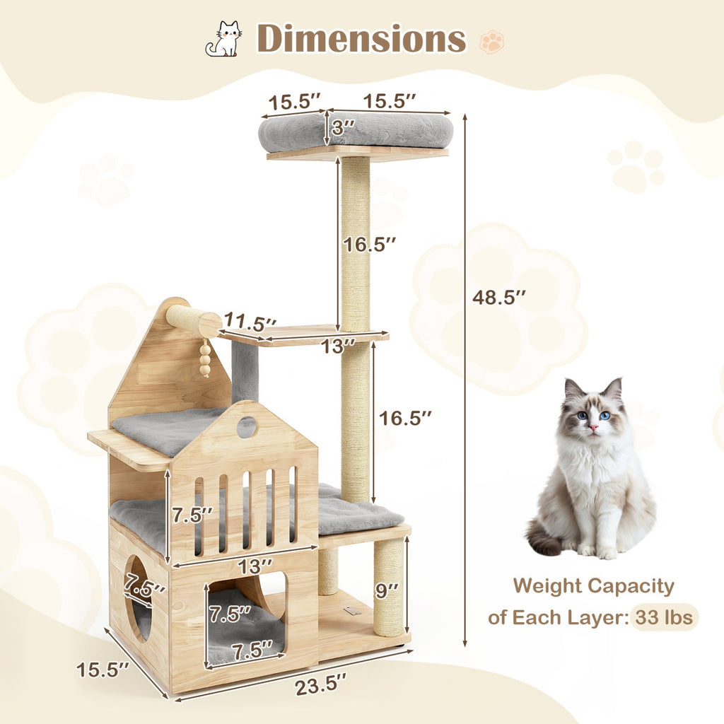 Multi-Level Solid Wood Cat Tree 48.5" with Condo & Scratchers - Majestic Pet Kingdom