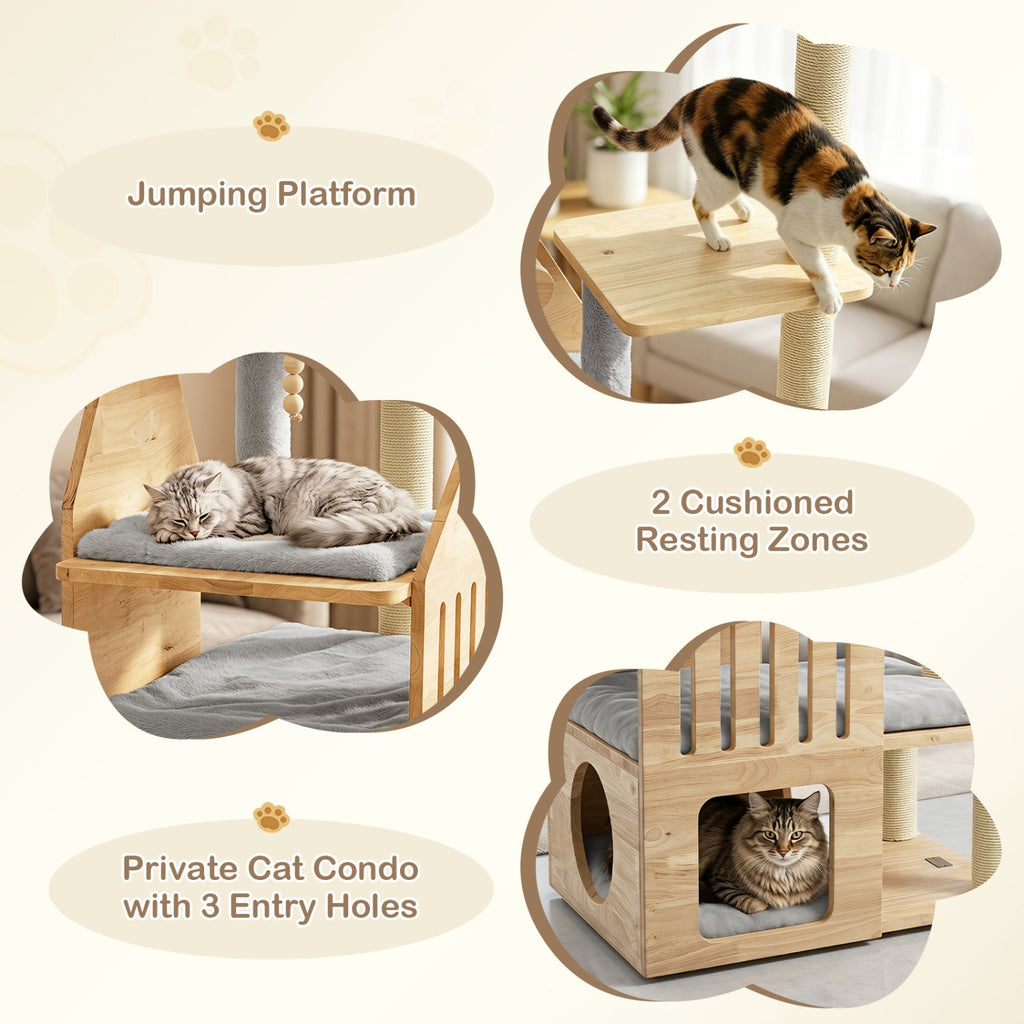 Multi-Level Solid Wood Cat Tree 48.5" with Condo & Scratchers - Majestic Pet Kingdom