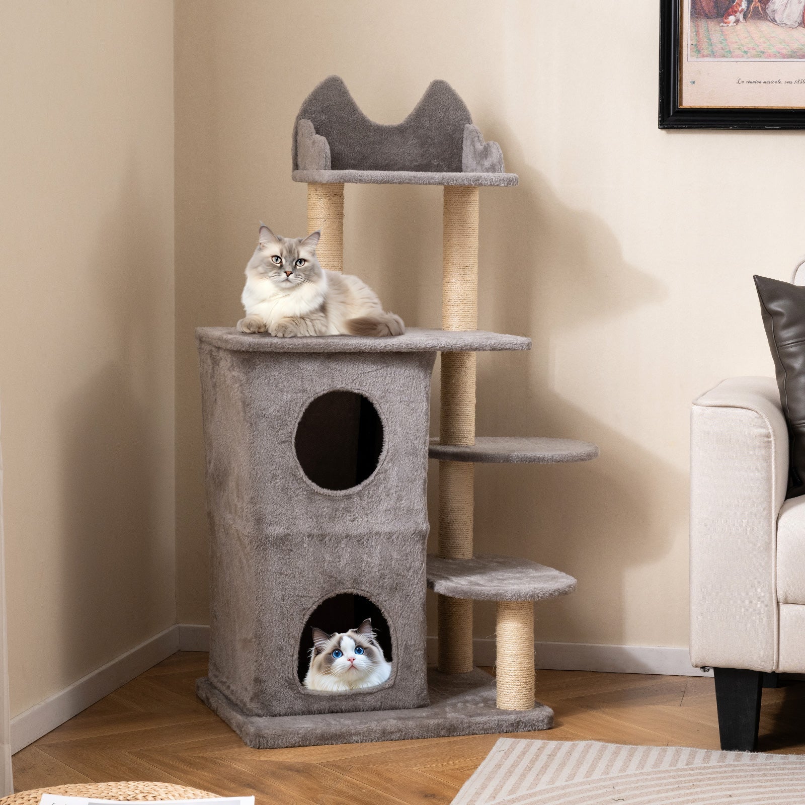 48.5 inch Cat Tree with 2-story Condo and 3 Hideaway Caves for Large Cats-Gray - Majestic Pet Kingdom