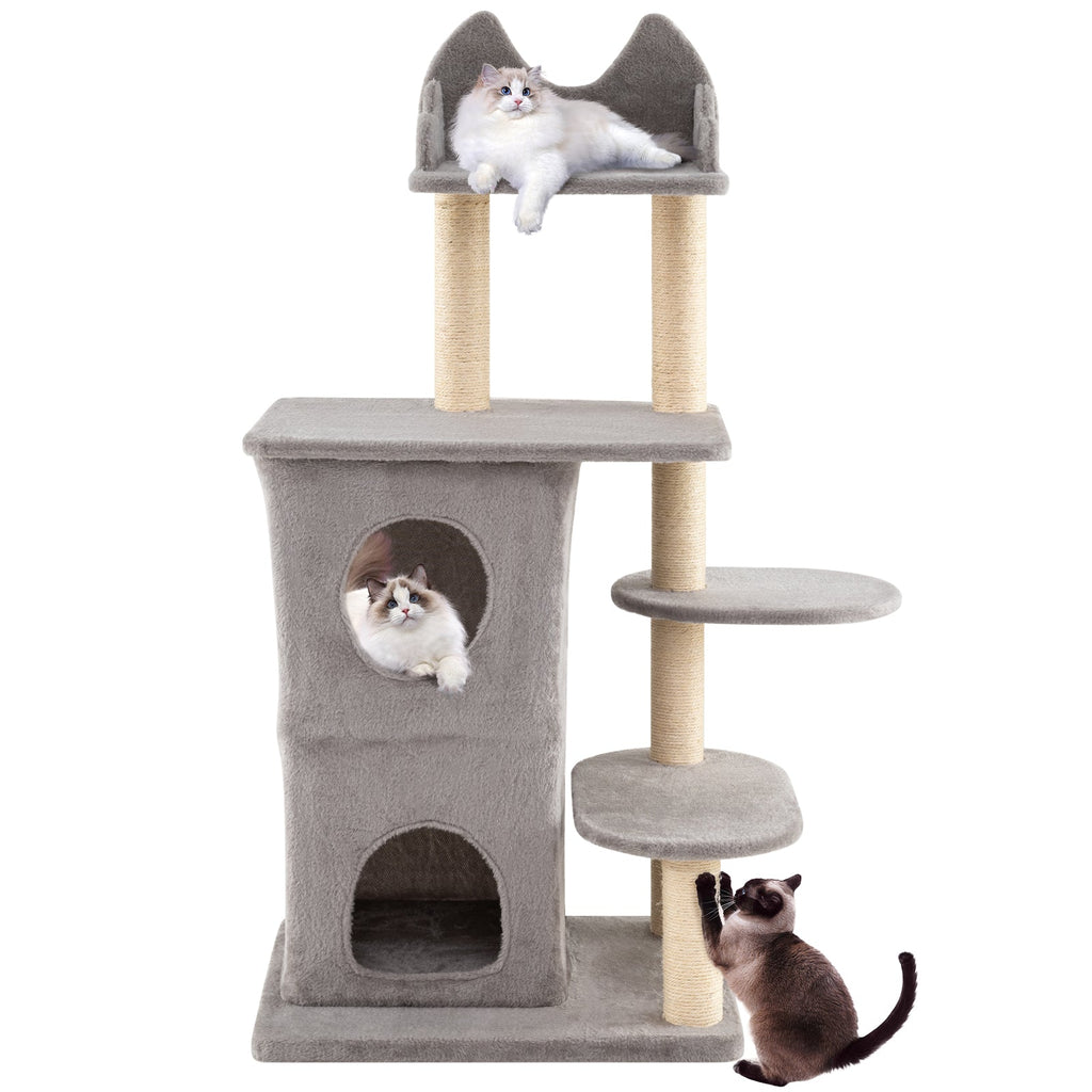 48.5 inch Cat Tree with 2-story Condo and 3 Hideaway Caves for Large Cats-Gray - Majestic Pet Kingdom