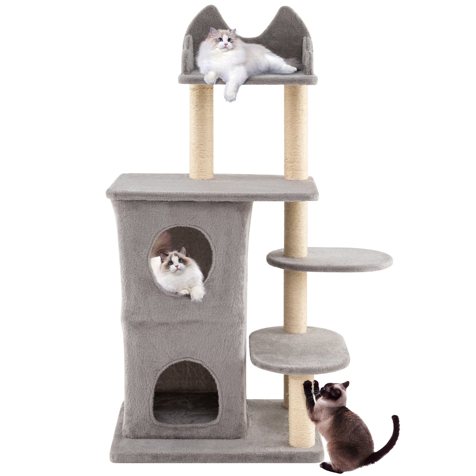 48.5 inch Cat Tree with 2-story Condo and 3 Hideaway Caves for Large Cats-Gray - Majestic Pet Kingdom