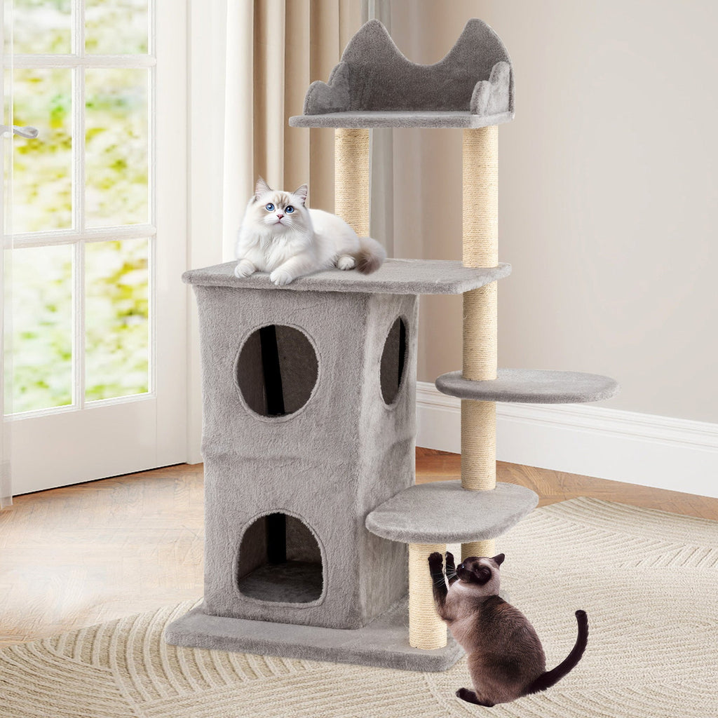 48.5 inch Cat Tree with 2-story Condo and 3 Hideaway Caves for Large Cats-Gray - Majestic Pet Kingdom
