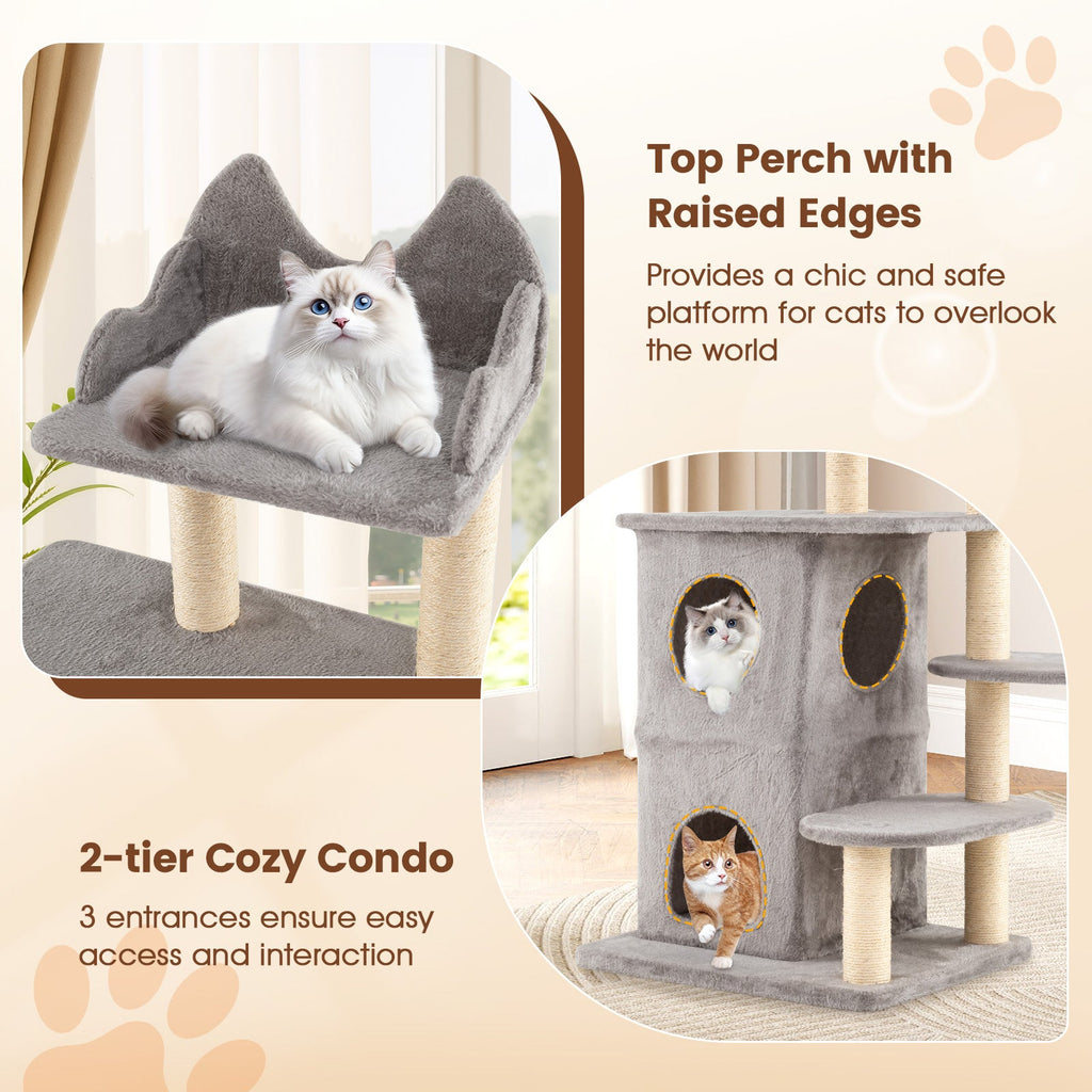 48.5 inch Cat Tree with 2-story Condo and 3 Hideaway Caves for Large Cats-Gray - Majestic Pet Kingdom