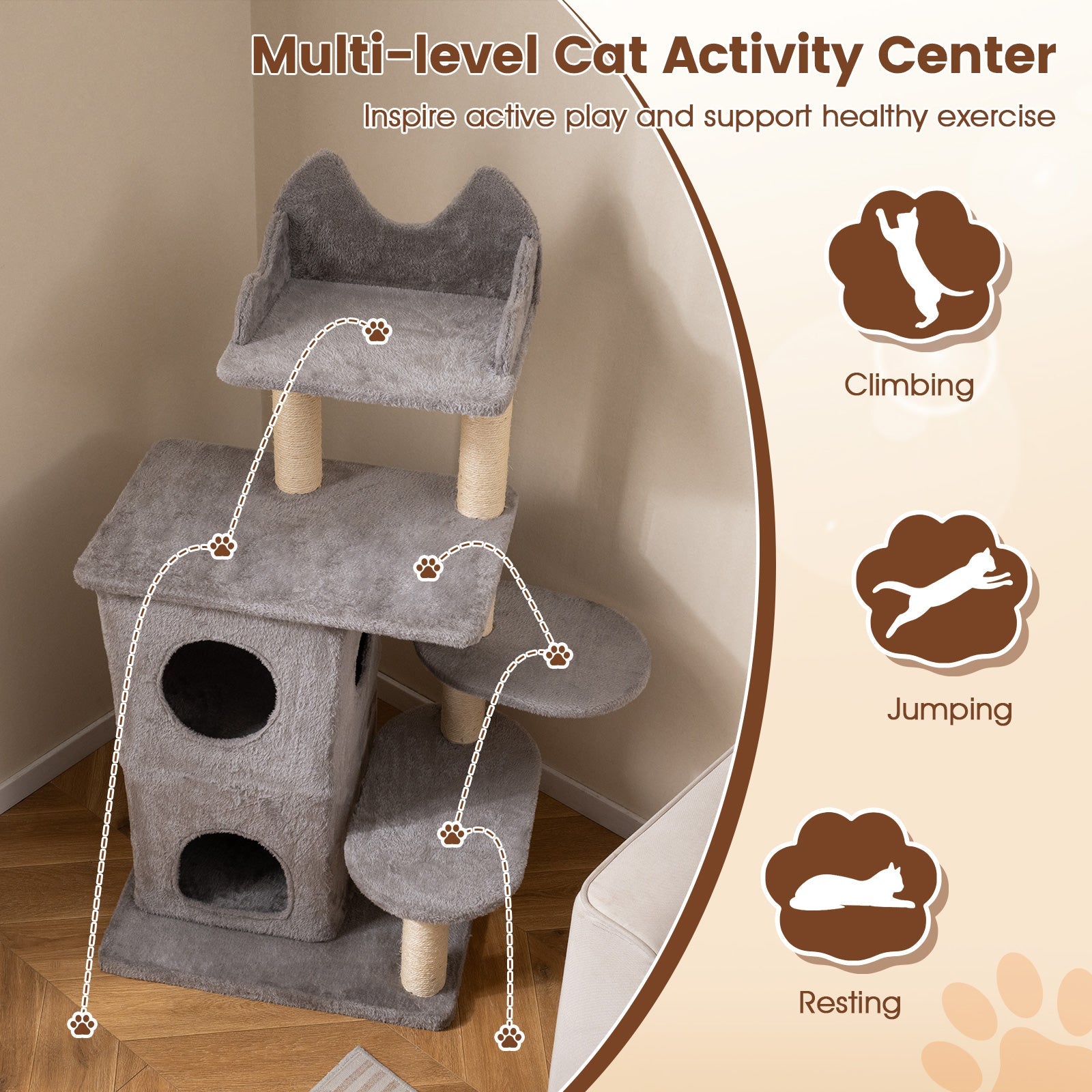 48.5 inch Cat Tree with 2-story Condo and 3 Hideaway Caves for Large Cats-Gray - Majestic Pet Kingdom