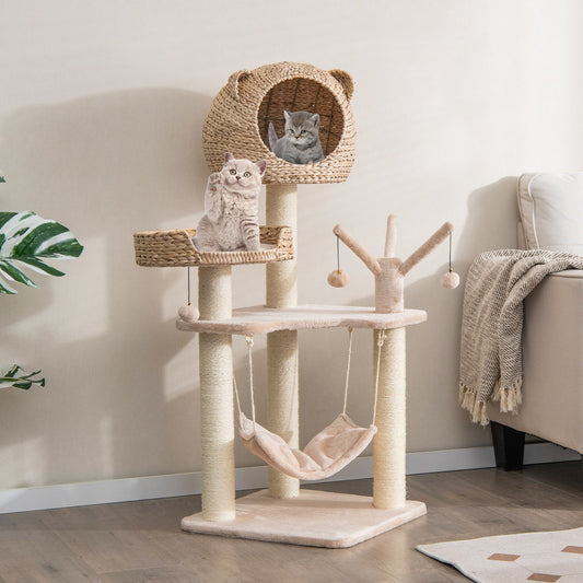 Multi-Level Cat Tree with Condo Hammock and Rotatable Hanging Balls-Natural | Purrfect Pet Kingdom