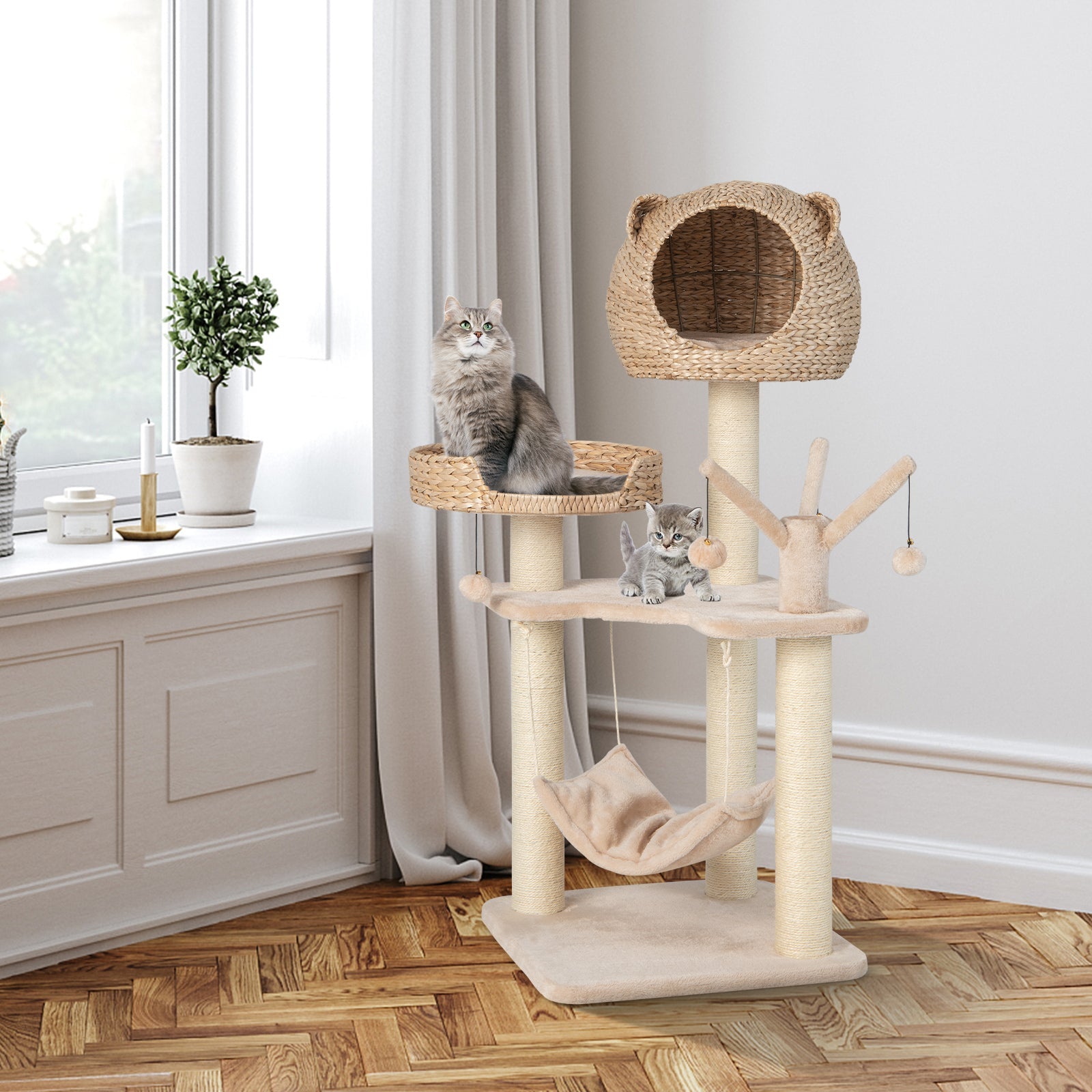 Multi-Level Cat Tree with Condo Hammock and Rotatable Hanging Balls-Natural - Majestic Pet Kingdom