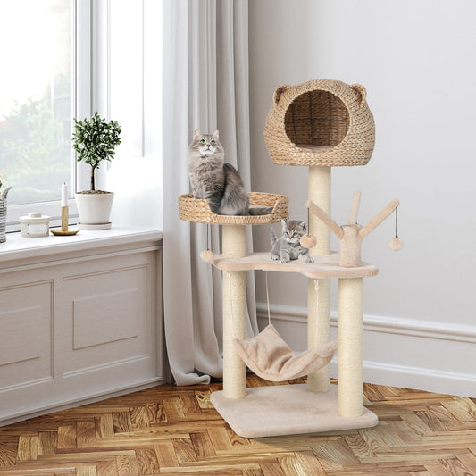 Multi-Level Cat Tree with Condo Hammock and Rotatable Hanging Balls-Natural - Majestic Pet Kingdom