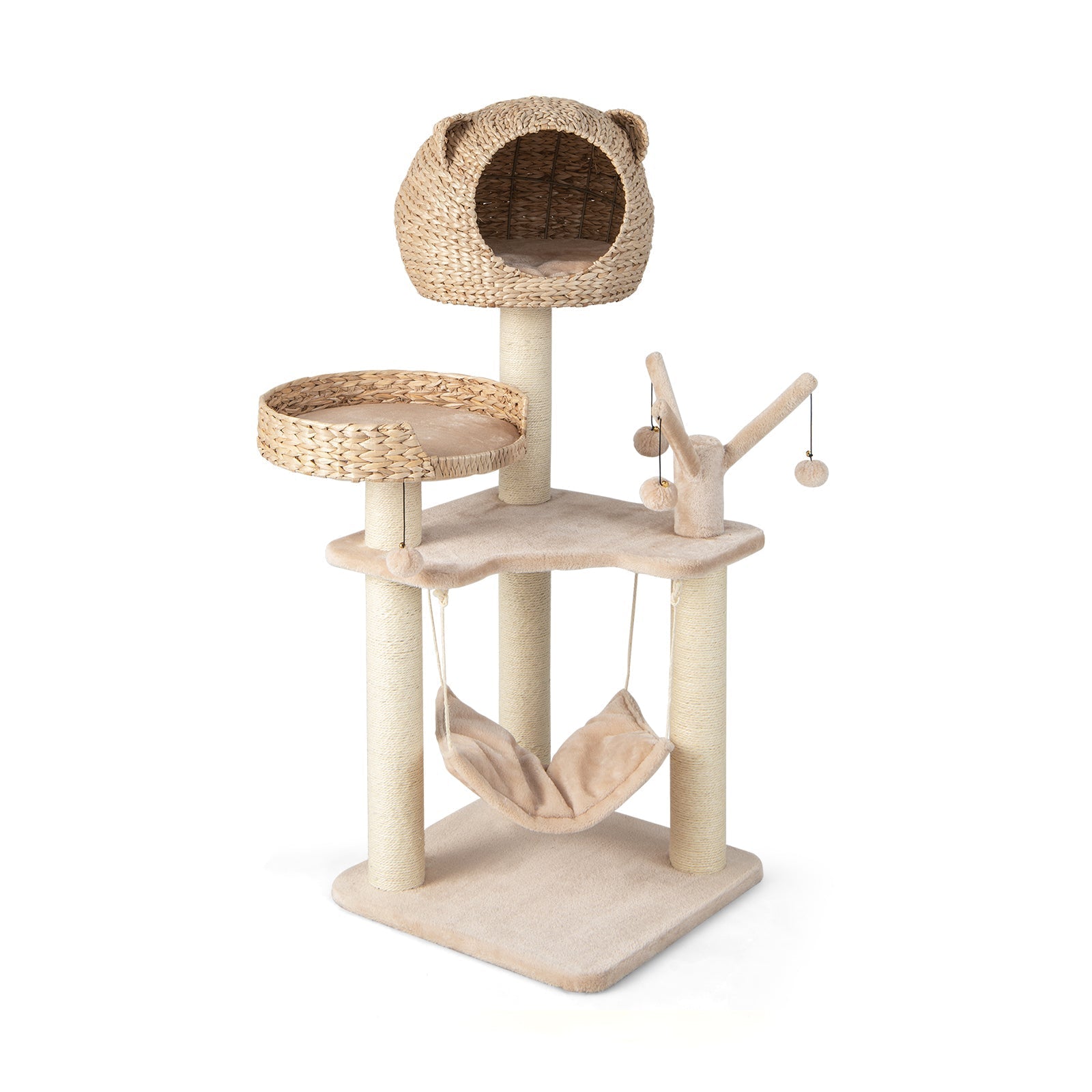 Multi-Level Cat Tree with Condo Hammock and Rotatable Hanging Balls-Natural - Majestic Pet Kingdom
