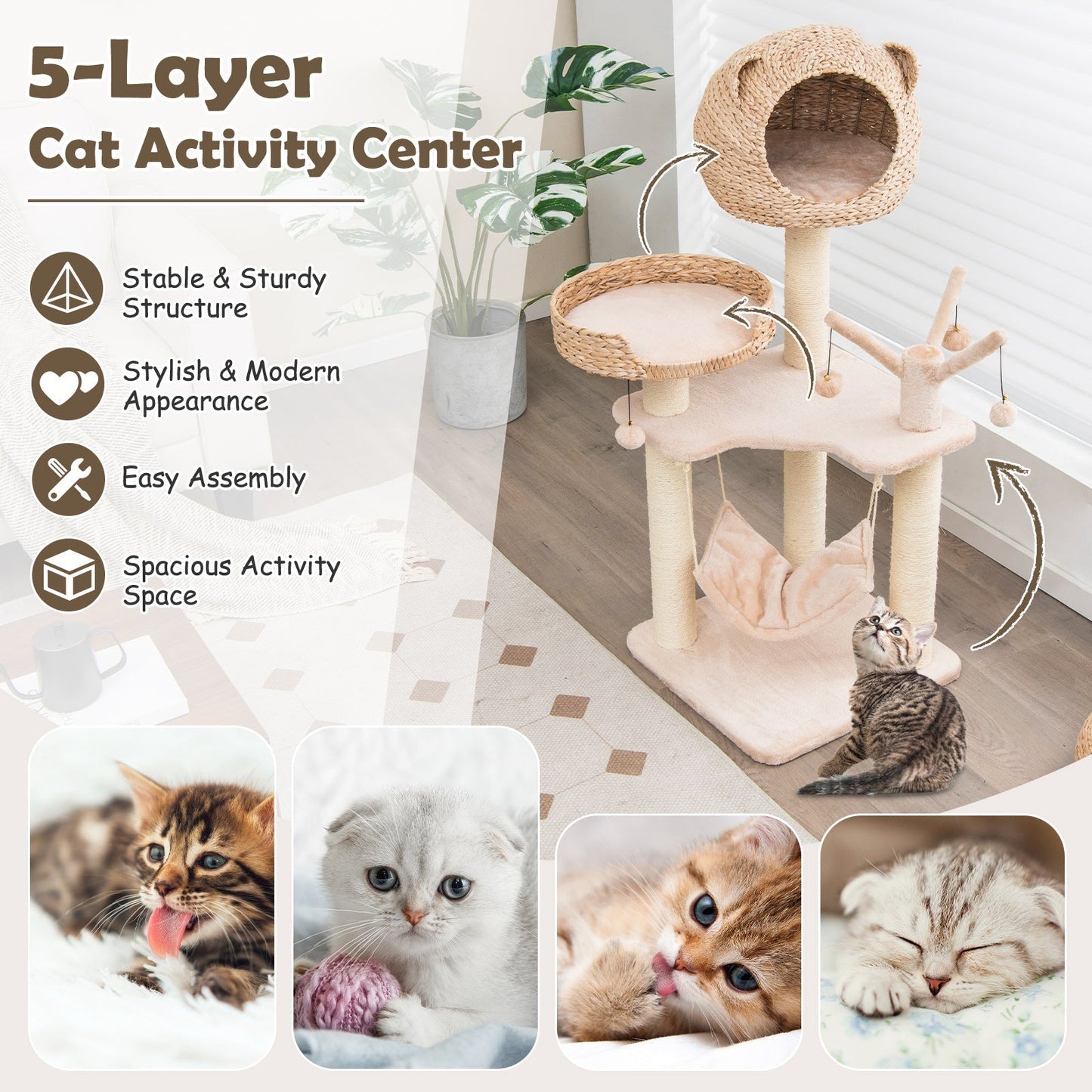 Multi-Level Cat Tree with Condo Hammock and Rotatable Hanging Balls-Natural - Majestic Pet Kingdom