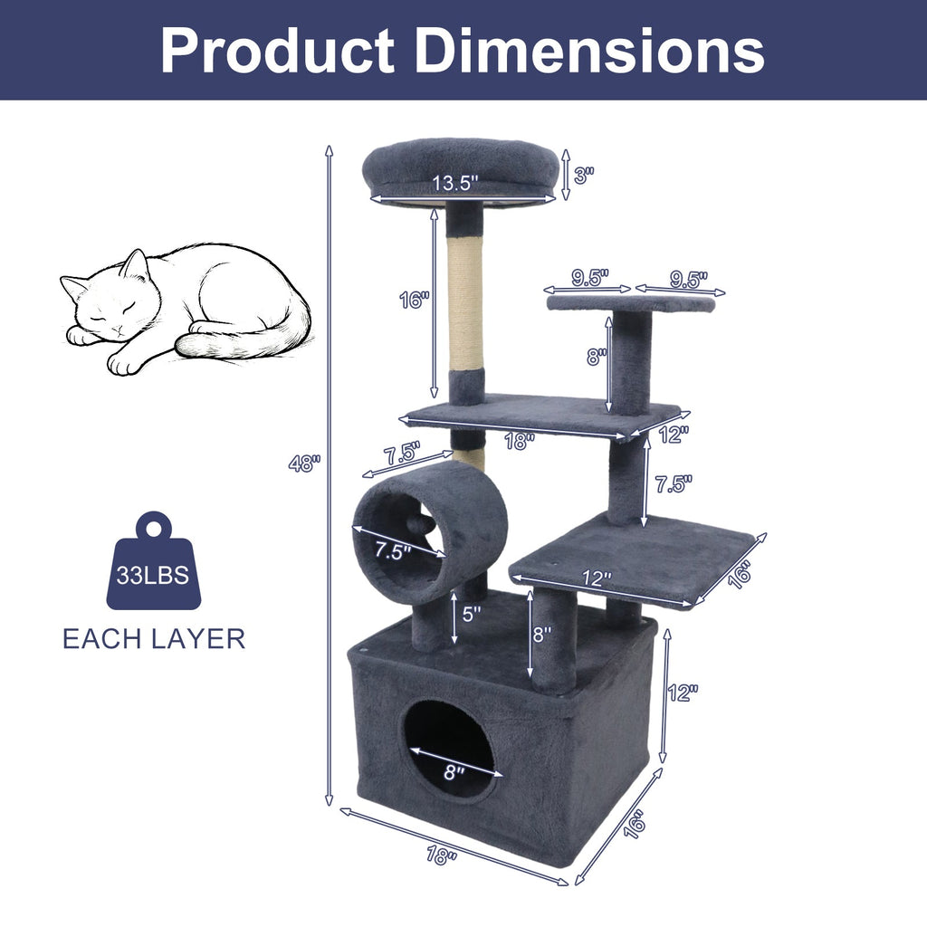 48 Inches Tall Cat Tree Multi-Level Kitten Tower with Large Condo Padded Top Perch - Majestic Pet Kingdom