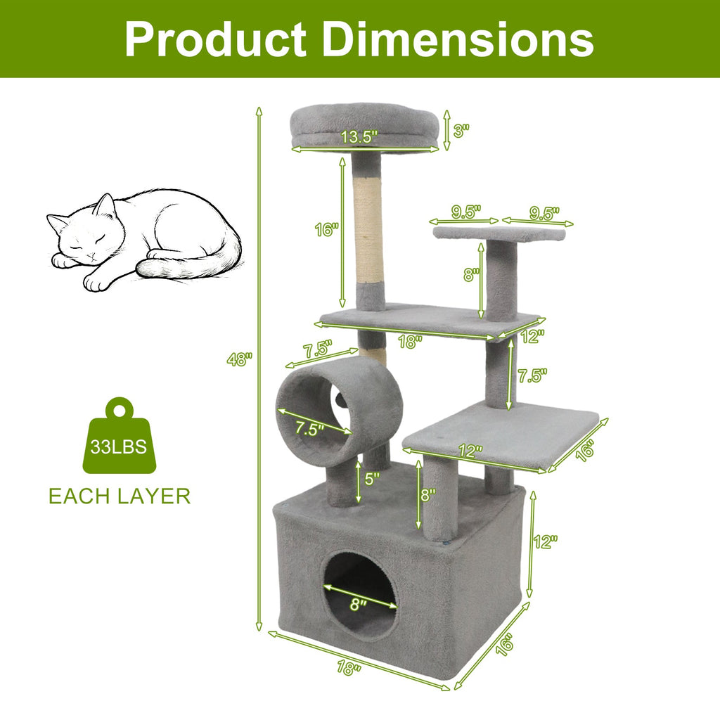 48 Inches Tall Cat Tree Multi-Level Kitten Tower with Large Condo Padded Top Perch - Majestic Pet Kingdom