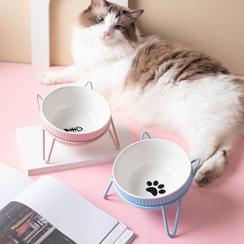 Ceramic Pet Bowl High Foot Neck Protection Snacks Anti-black Chin Oblique Mouth - Majestic Pet Kingdom