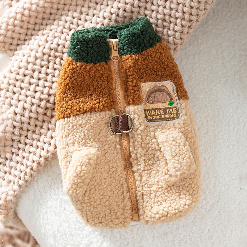 Wake Me In The Spring Squirrel Patch Pet Fleece Jacket, Color-Block Dog Coat With Leash Ring  Pockets | Purrfect Pet Kingdom
