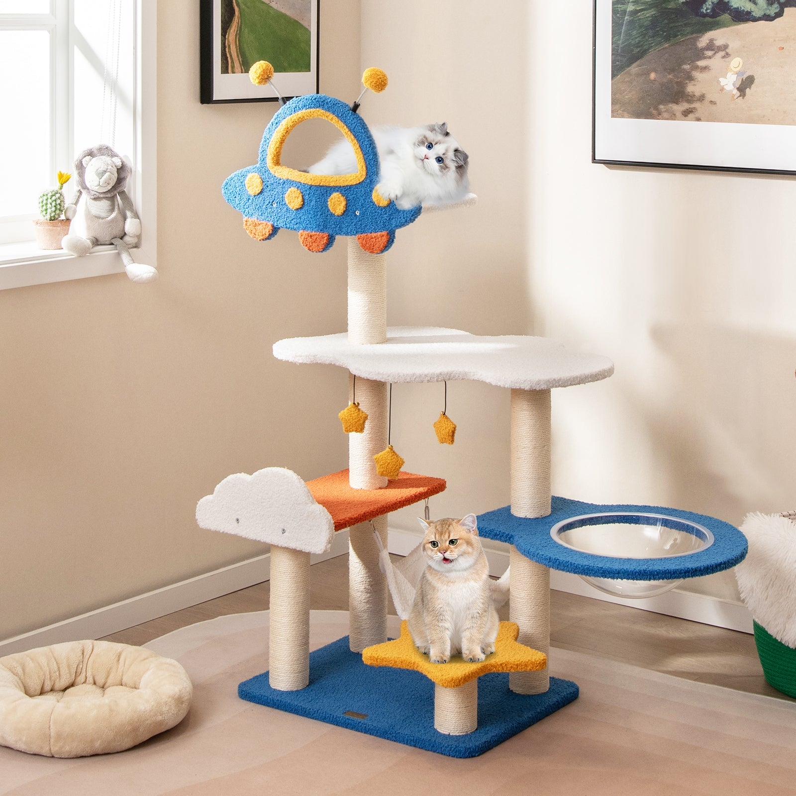 49 Inches Tall Cat Tree with UFO Top Perch Space Capsule and Sisal Scratching Posts-Blue - Majestic Pet Kingdom