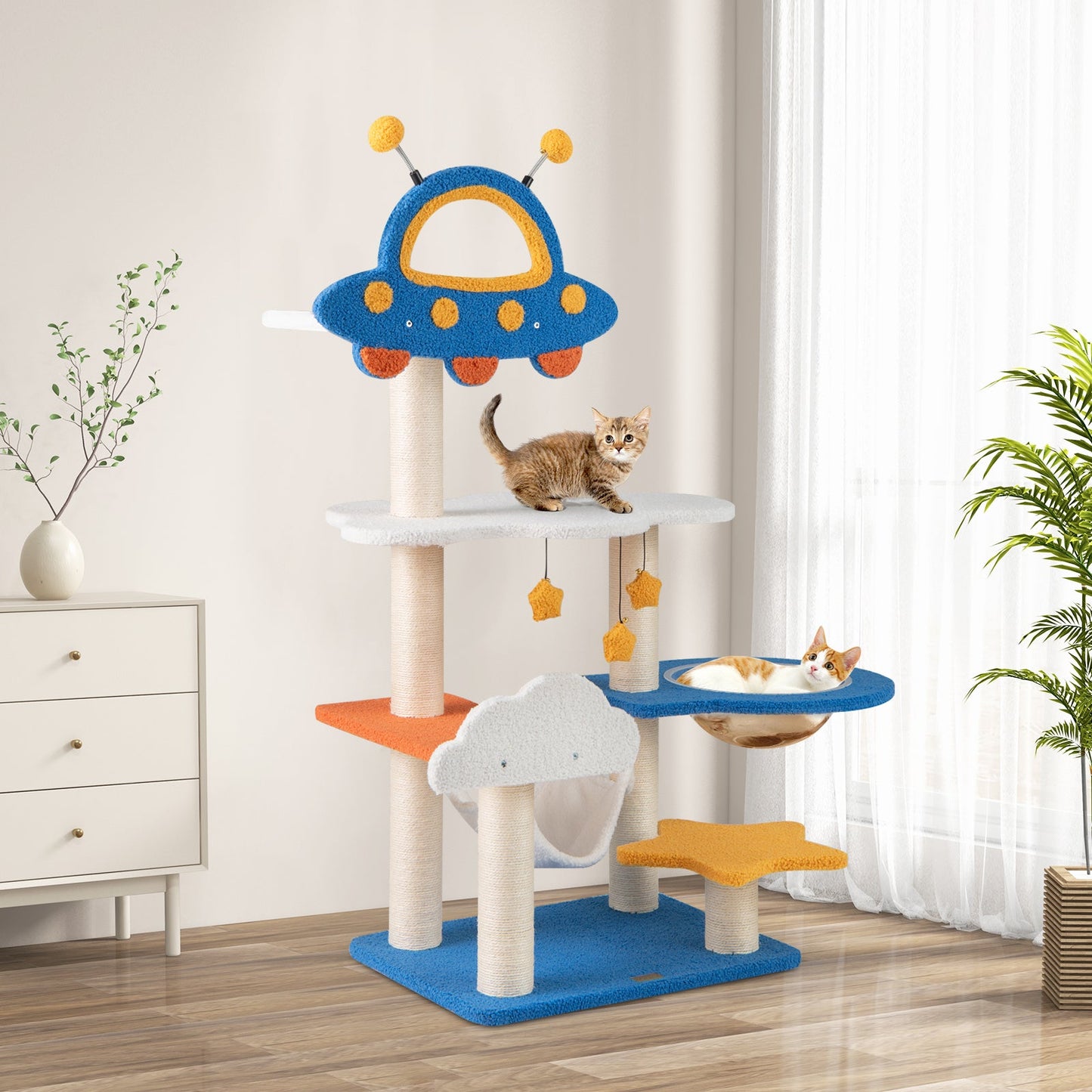 49 Inches Tall Cat Tree with UFO Top Perch Space Capsule and Sisal Scratching Posts-Blue - Majestic Pet Kingdom