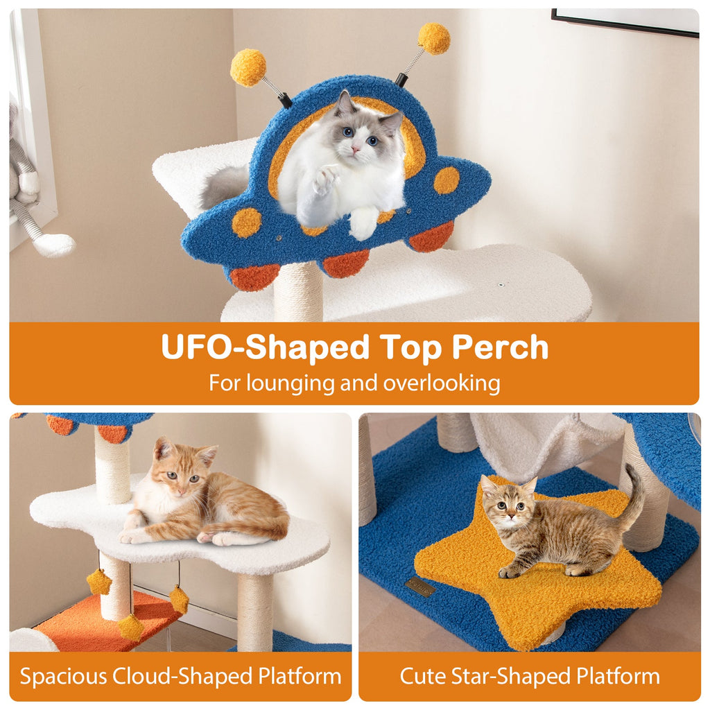 49 Inches Tall Cat Tree with UFO Top Perch Space Capsule and Sisal Scratching Posts-Blue - Majestic Pet Kingdom