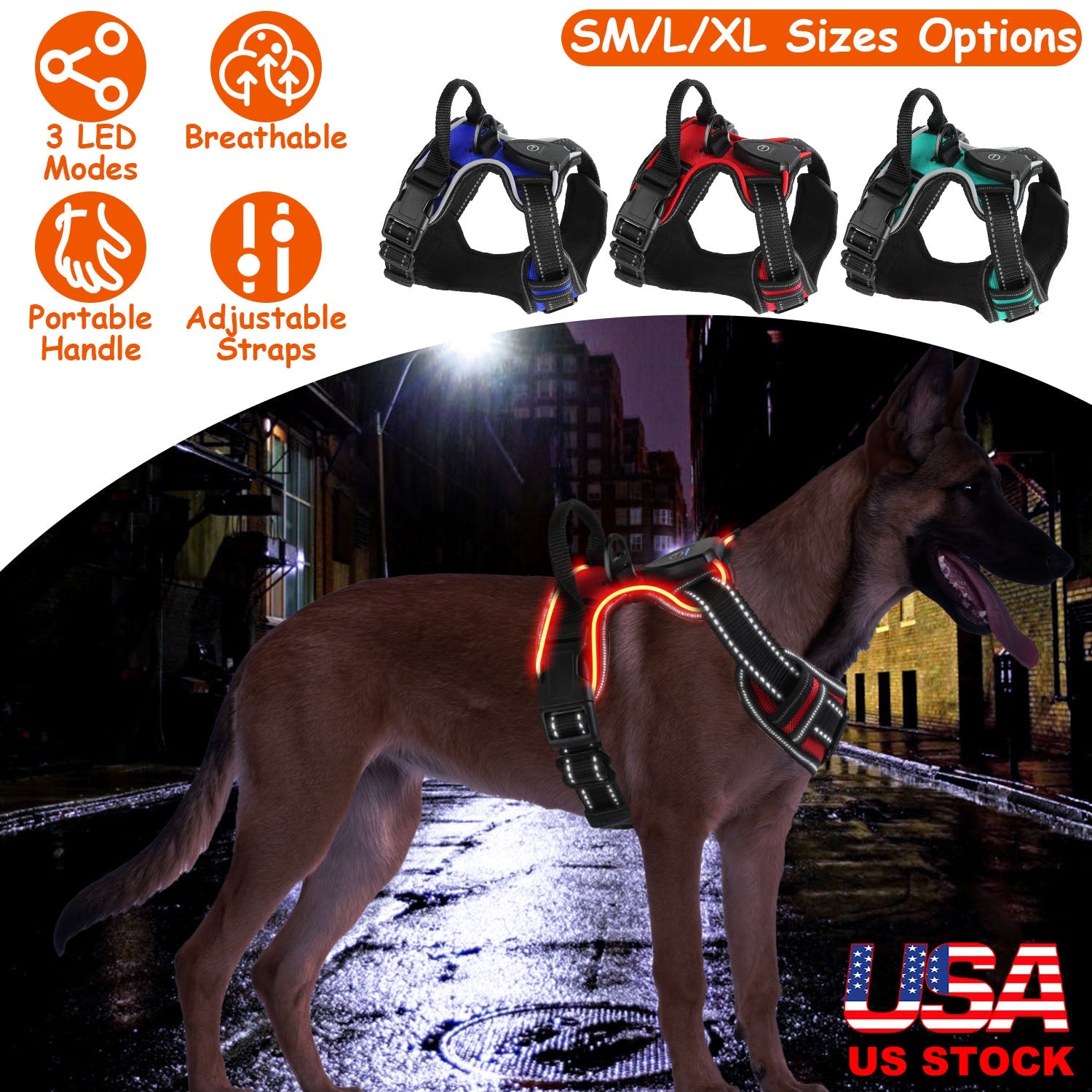 Light Up Dog Harness Rechargeable LED Dog Harness No Pull Lighted Dog Vest with Handle for Small/Medium/Large Dogs | Purrfect Pet Kingdom