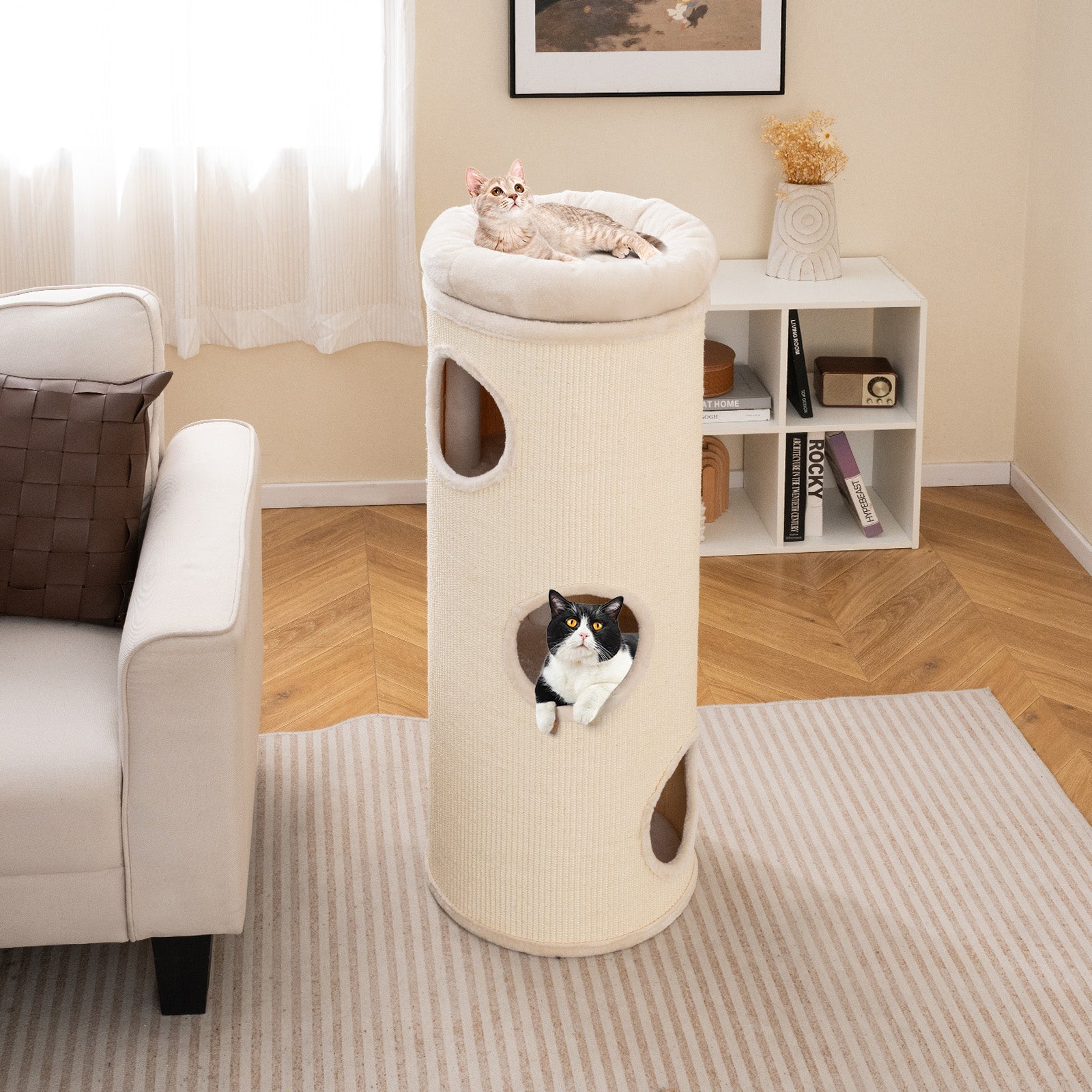 49 Inch Elevated Cat Cave 4-Story Cat House for Multiple Cats-Beige - Majestic Pet Kingdom