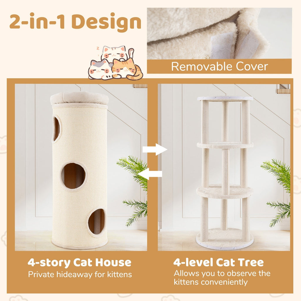 49 Inch Elevated Cat Cave 4-Story Cat House for Multiple Cats-Beige - Majestic Pet Kingdom