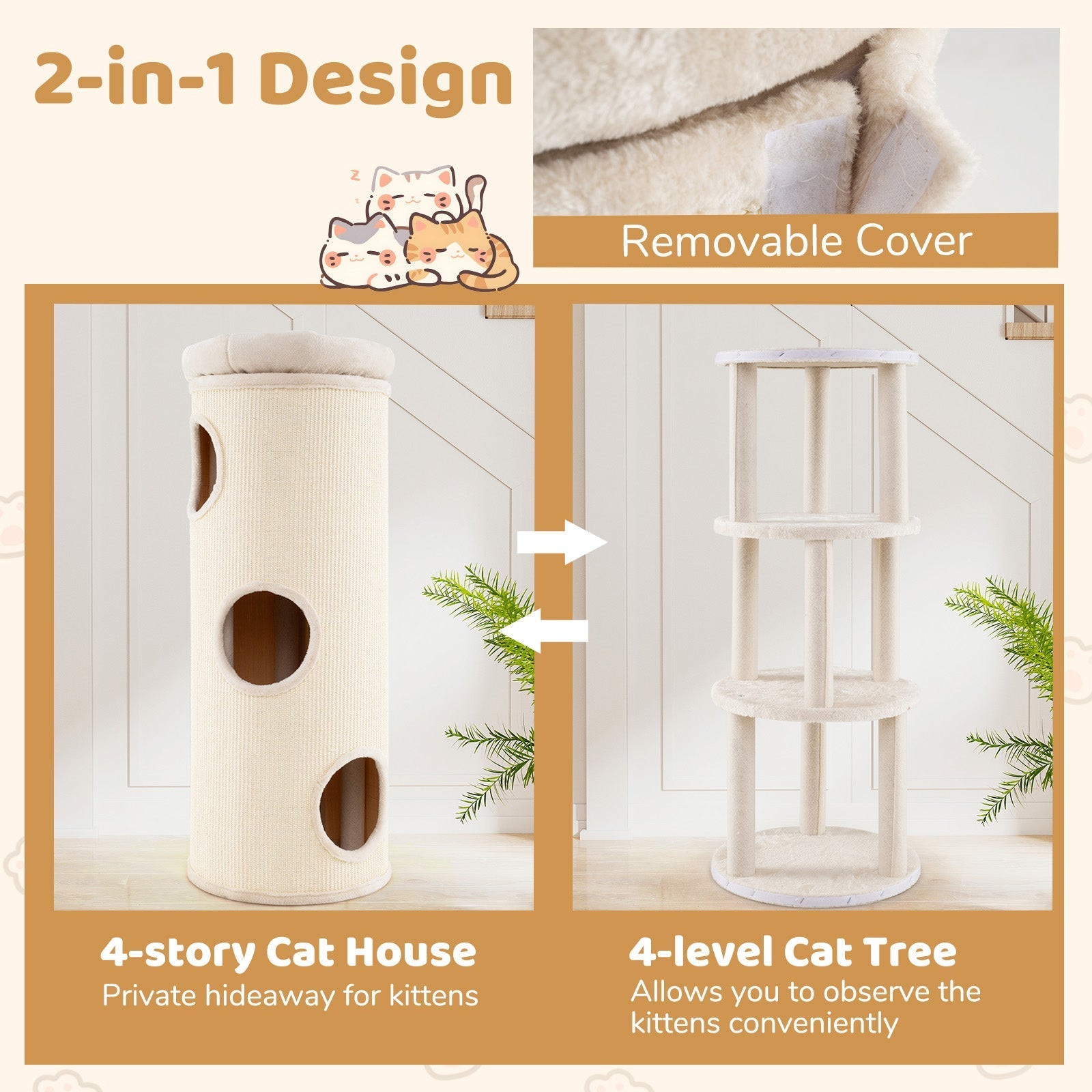 49 Inch Elevated Cat Cave 4-Story Cat House for Multiple Cats-Beige - Majestic Pet Kingdom