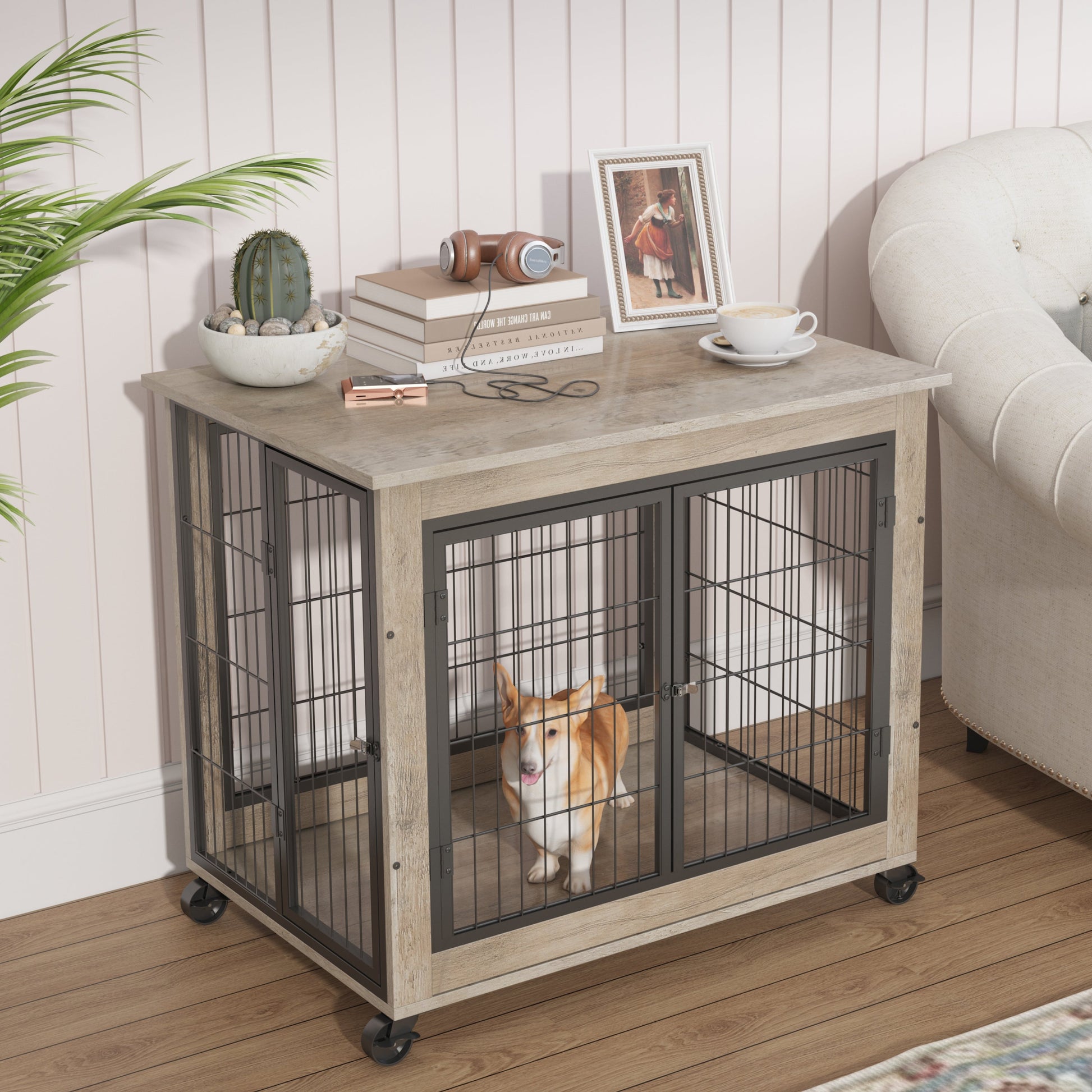 Dog Crate Furniture 31.5in Wooden Rolling Cage Double Door Gray - Detail Angle 3 | Majestic Pet Kingdom