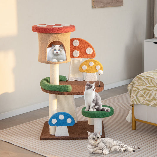 4-In-1 Mushroom Cat Tree with Condo Spring Ball and Sisal Posts-Multicolor | Purrfect Pet Kingdom