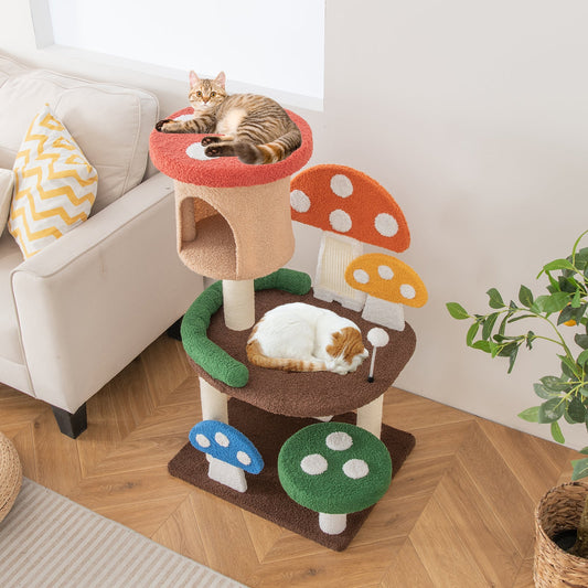 4-In-1 Mushroom Cat Tree with Condo Spring Ball and Sisal Posts-Multicolor | Purrfect Pet Kingdom