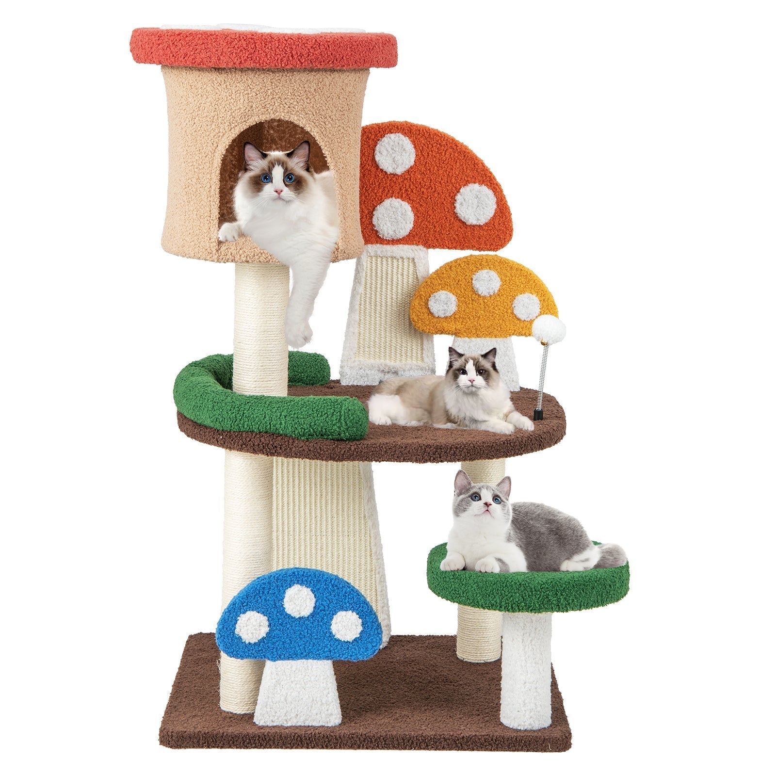 4-In-1 Mushroom Cat Tree with Condo Spring Ball and Sisal Posts-Multicolor - Majestic Pet Kingdom
