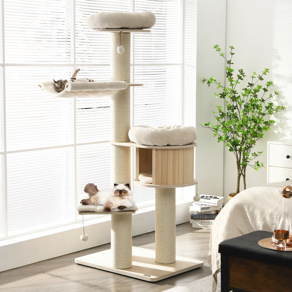4-Layer 68.5-Inch Wooden Cat Tree Condo Activity Tower with Sisal Posts-Natural - Majestic Pet Kingdom