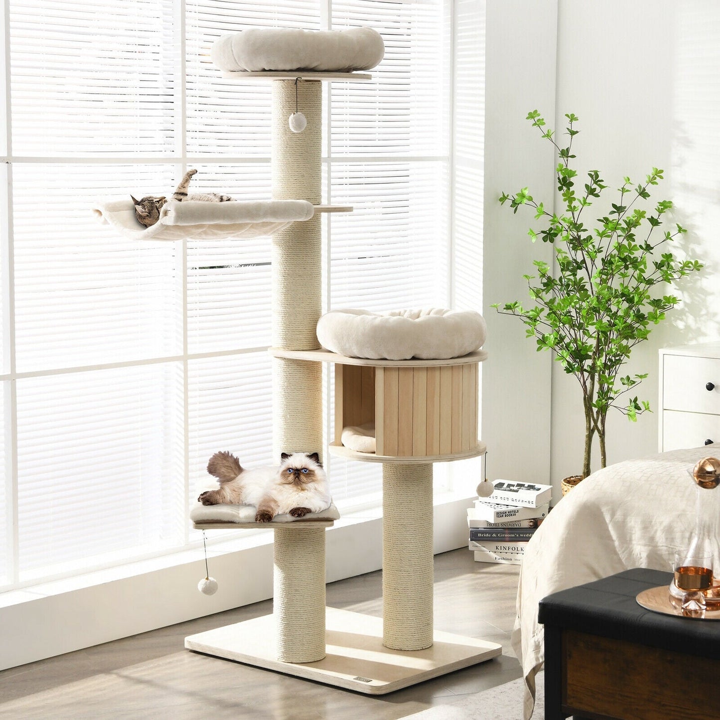 4-Layer 68.5-Inch Wooden Cat Tree Condo Activity Tower with Sisal Posts-Natural - Majestic Pet Kingdom