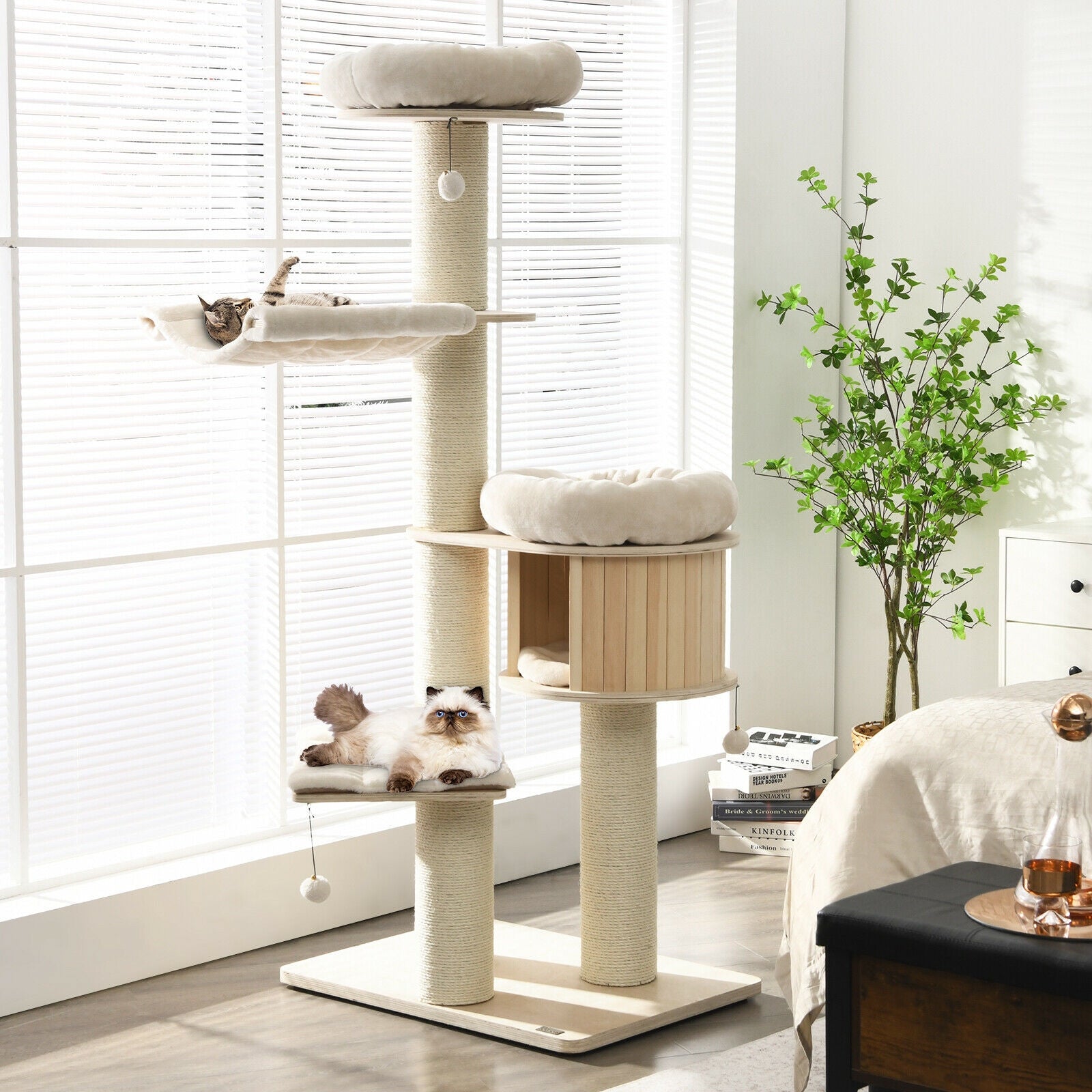 4-Layer 68.5-Inch Wooden Cat Tree Condo Activity Tower with Sisal Posts-Natural - Majestic Pet Kingdom