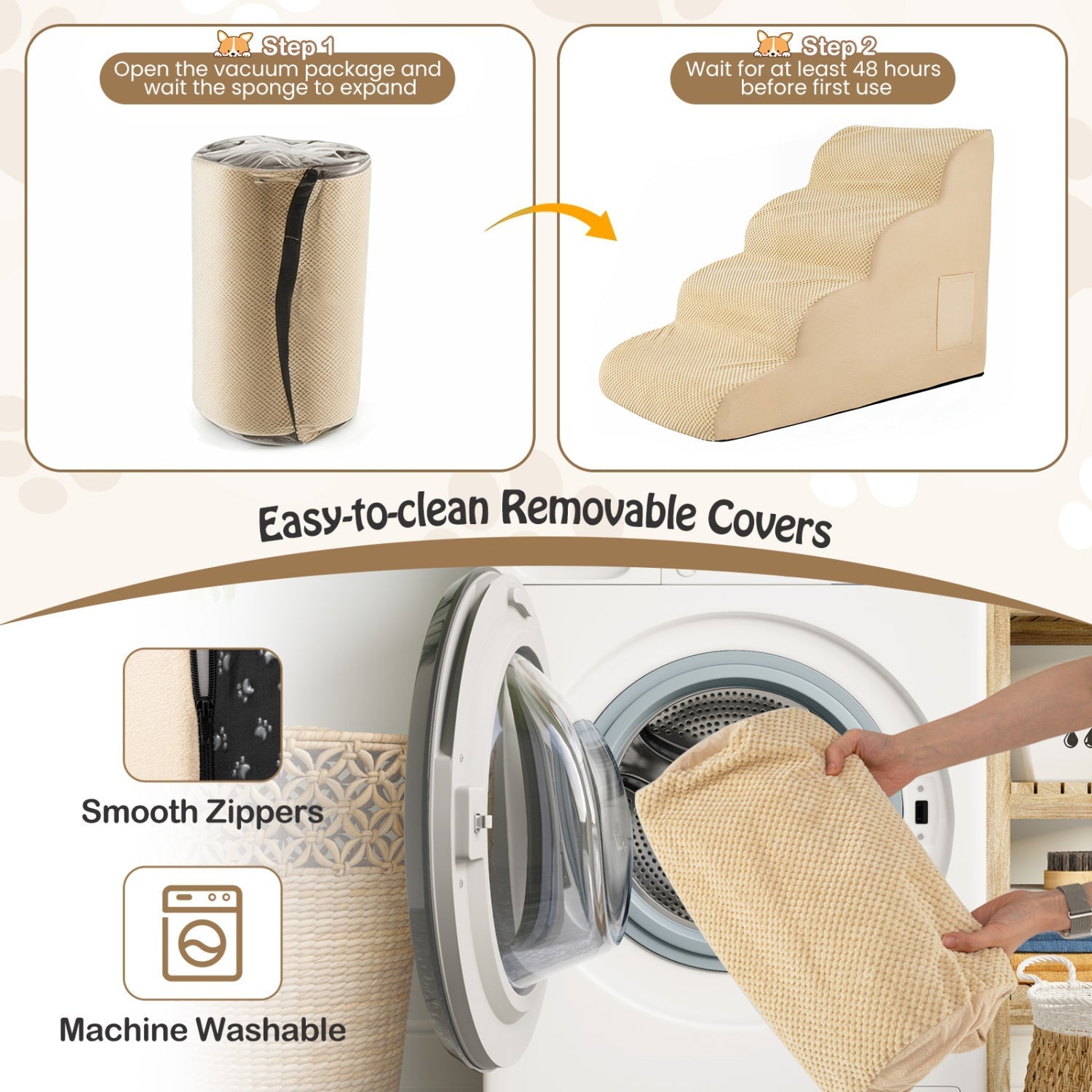 4-Tier Foam Dog Steps with Non-Slip Surface & Washable Cover