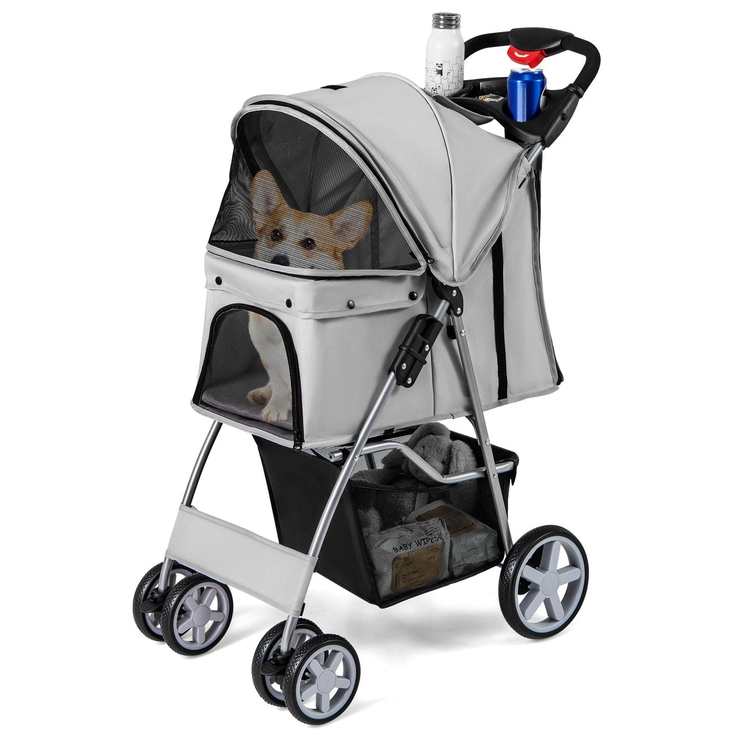 Folding Pet Stroller with Storage Basket and Adjustable Canopy