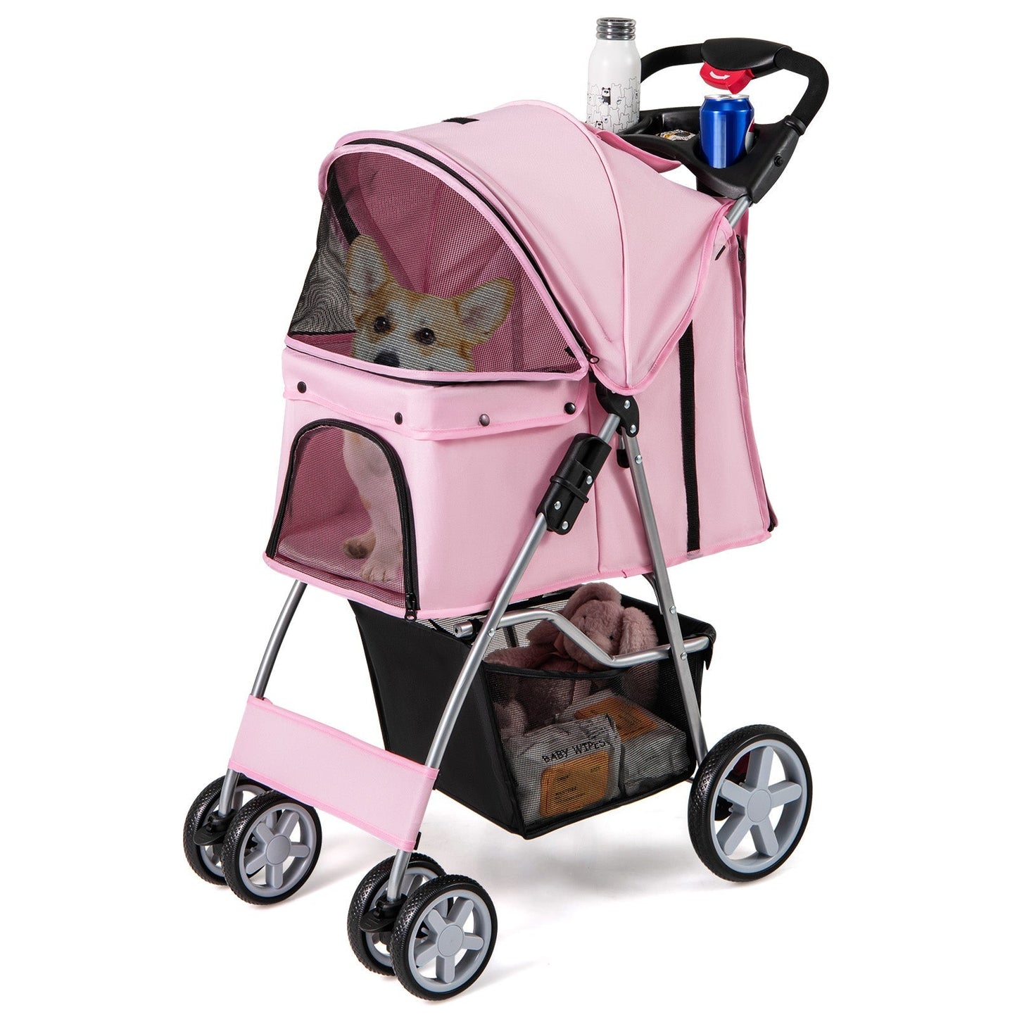 Folding Pet Stroller with Storage Basket and Adjustable Canopy