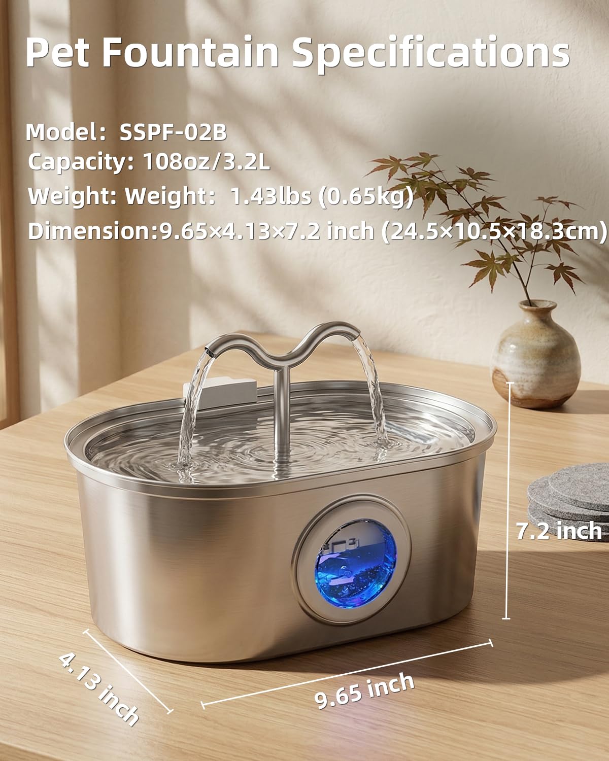 Stainless Steel Cat Water Fountain, 108oz-3.2L Pet Water Fountain For Cats Indoor, With Dual Spouts For Multiple Cats, Ultra-Quiet Automatic Dog Water Dispenser - Majestic Pet Kingdom