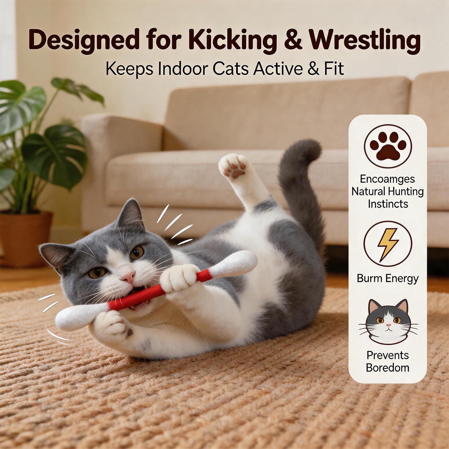 Cat Toy Giant Q-Tip Catnip Felt Chew Sticks Kicker 6-Pack Set - Detail Angle 4 | Majestic Pet Kingdom