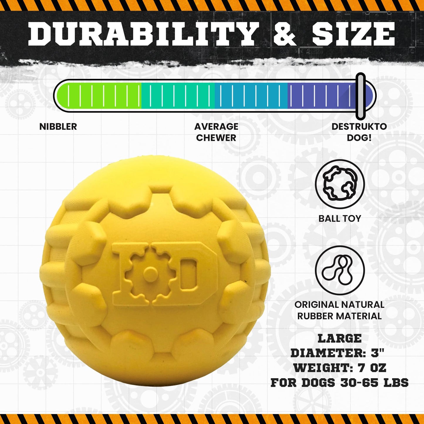 Dog Chew Toy Industrial Ball Yellow Rubber Heavy Chewer USA - Detail Angle 4 | Majestic Pet Kingdom