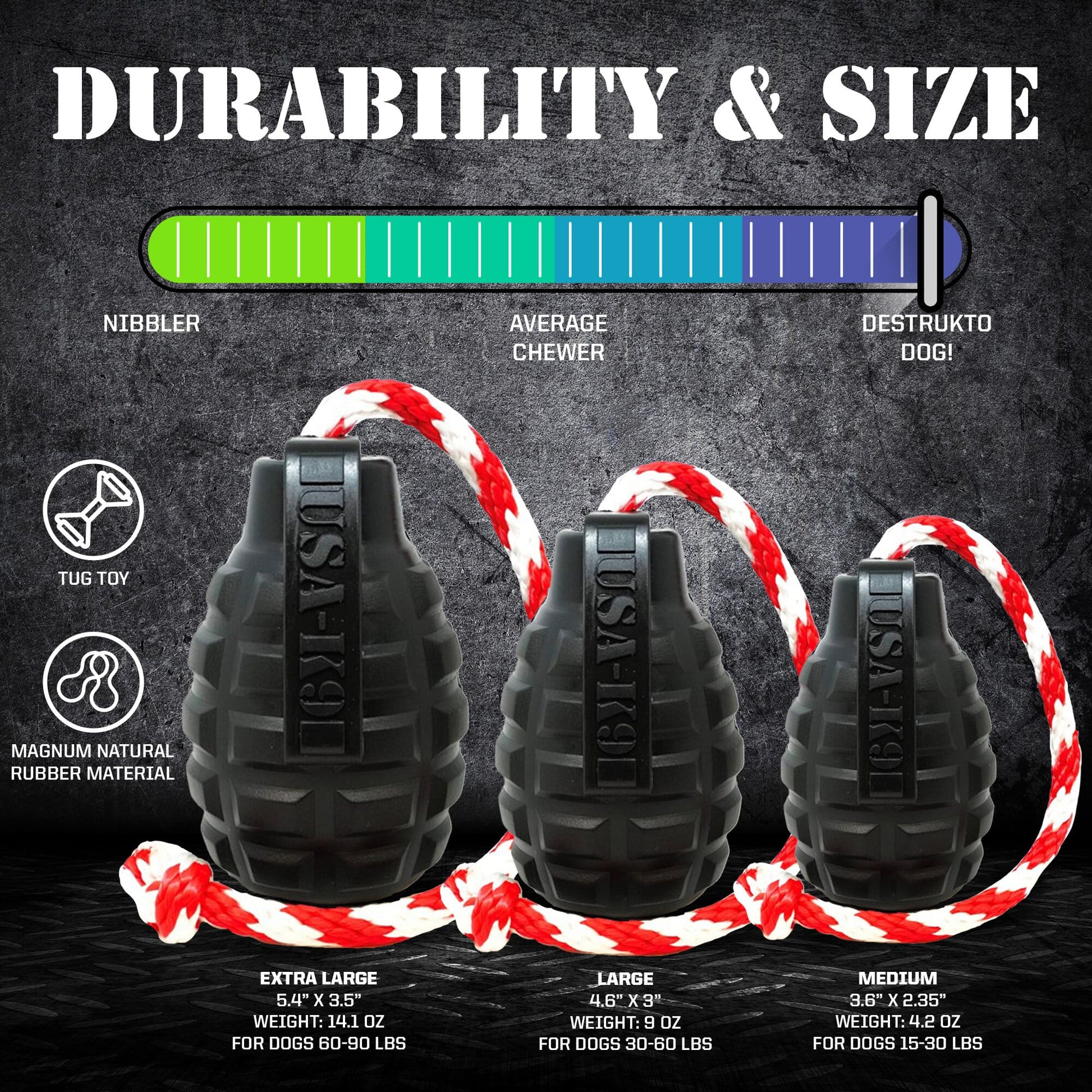 Dog Chew Toy K9 Magnum Grenade Black Rubber Heavy Duty Fetch - Detail Angle 3 | Majestic Pet Kingdom