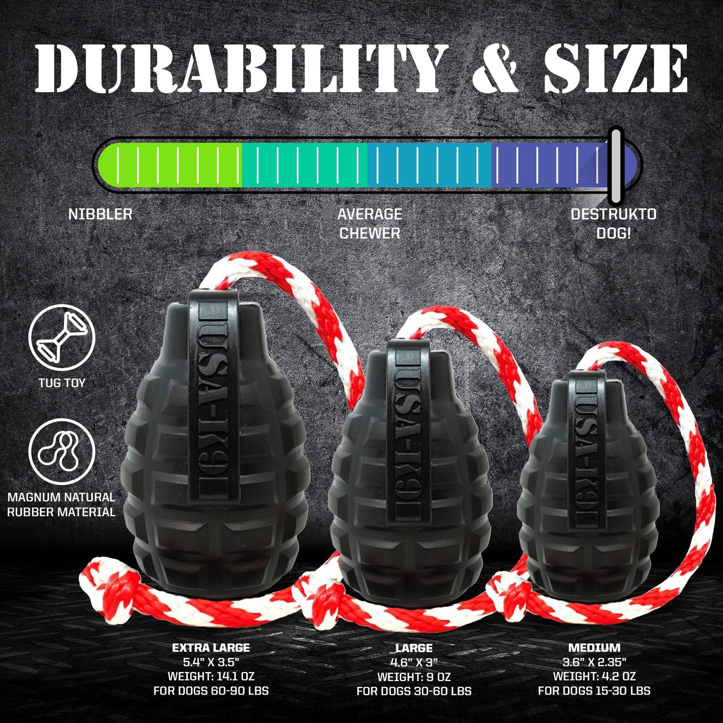 Dog Chew Toy K9 Magnum Grenade Black Rubber Heavy Duty Fetch