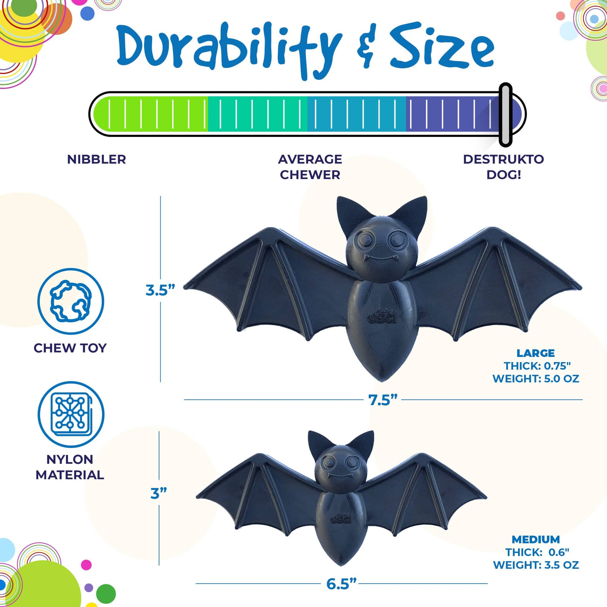 Dog Chew Toy Vampire Bat Nylon Aggressive Chewers USA Made - Detail Angle 4 | Majestic Pet Kingdom