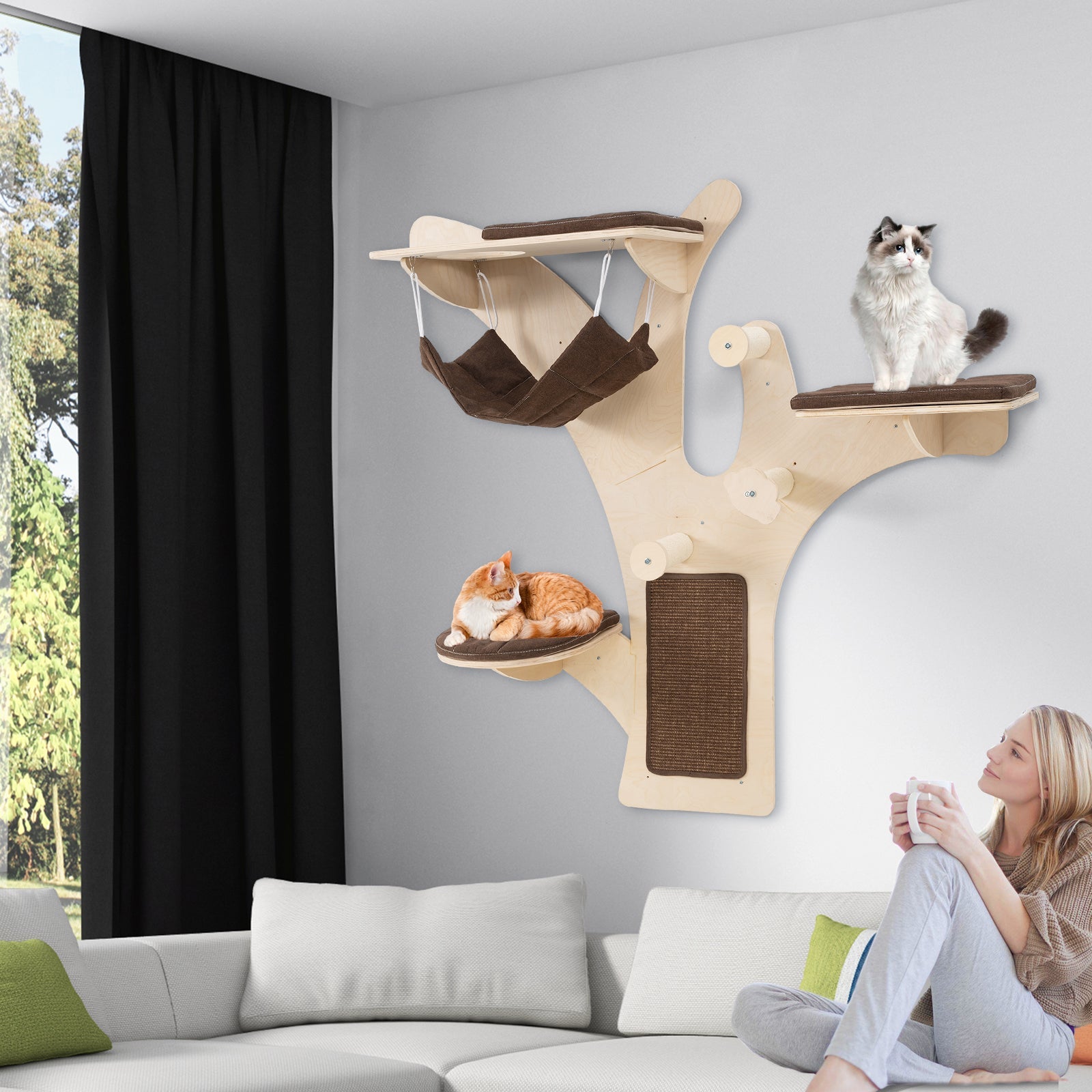 Wall-Mounted Cat Tower Cat Wall Shelves Furniture with Perch-Brown - Majestic Pet Kingdom