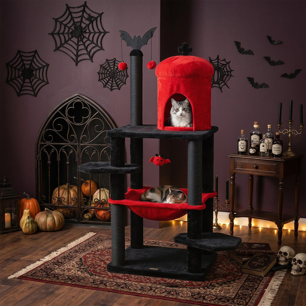 51" Gothic Multi-Level Cat Tree with Spider Toy & Hammock - Majestic Pet Kingdom