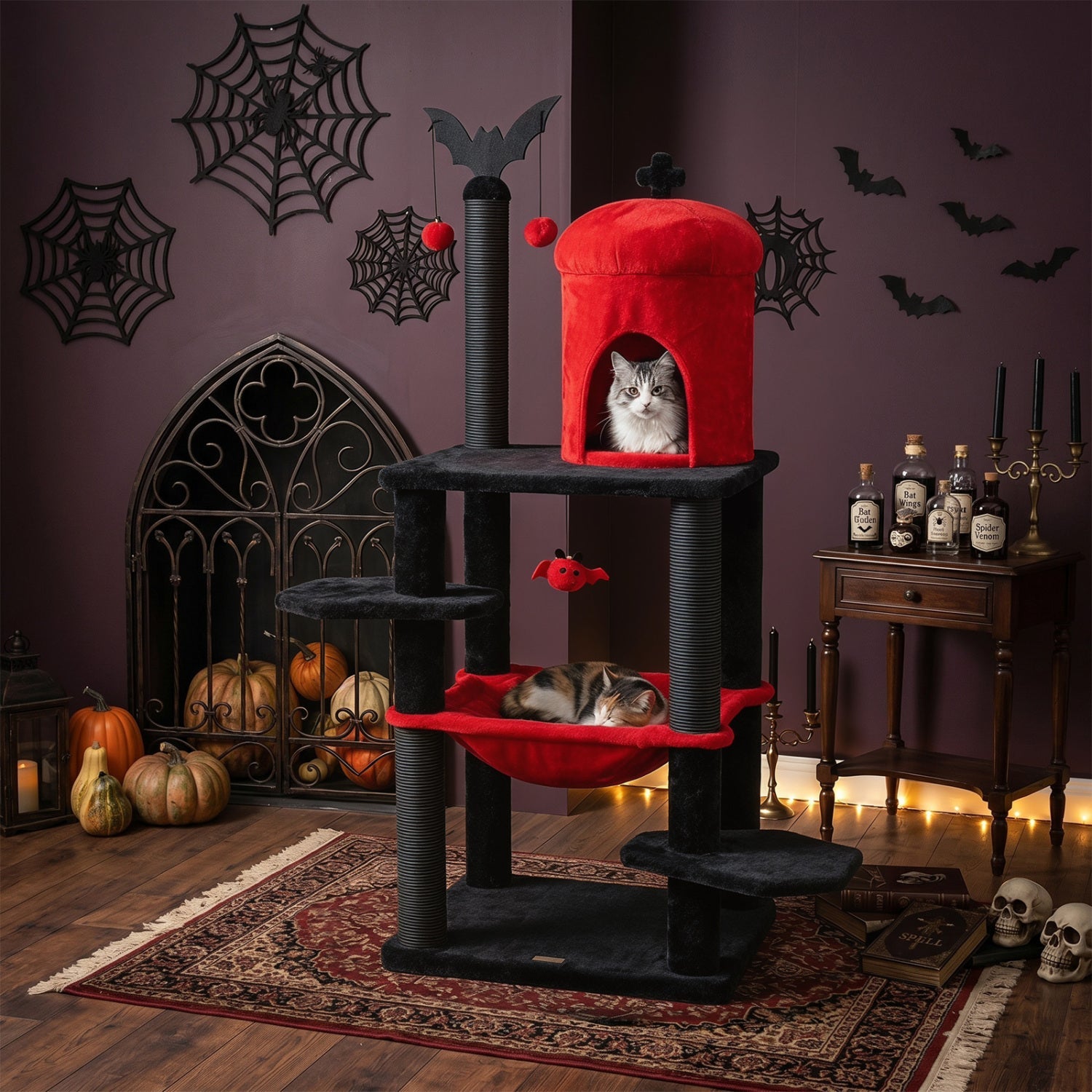 51" Gothic Multi-Level Cat Tree with Spider Toy & Hammock - Majestic Pet Kingdom