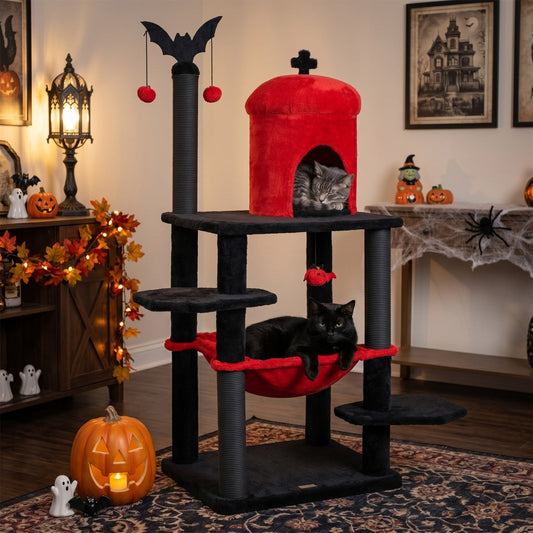 51" Gothic Multi-Level Cat Tree with Spider Toy & Hammock - Majestic Pet Kingdom