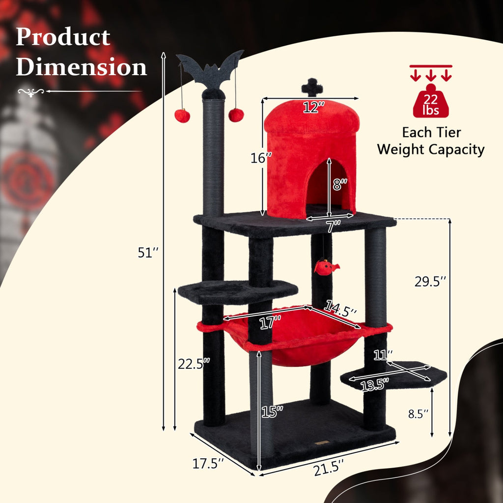 51" Gothic Multi-Level Cat Tree with Spider Toy & Hammock - Majestic Pet Kingdom