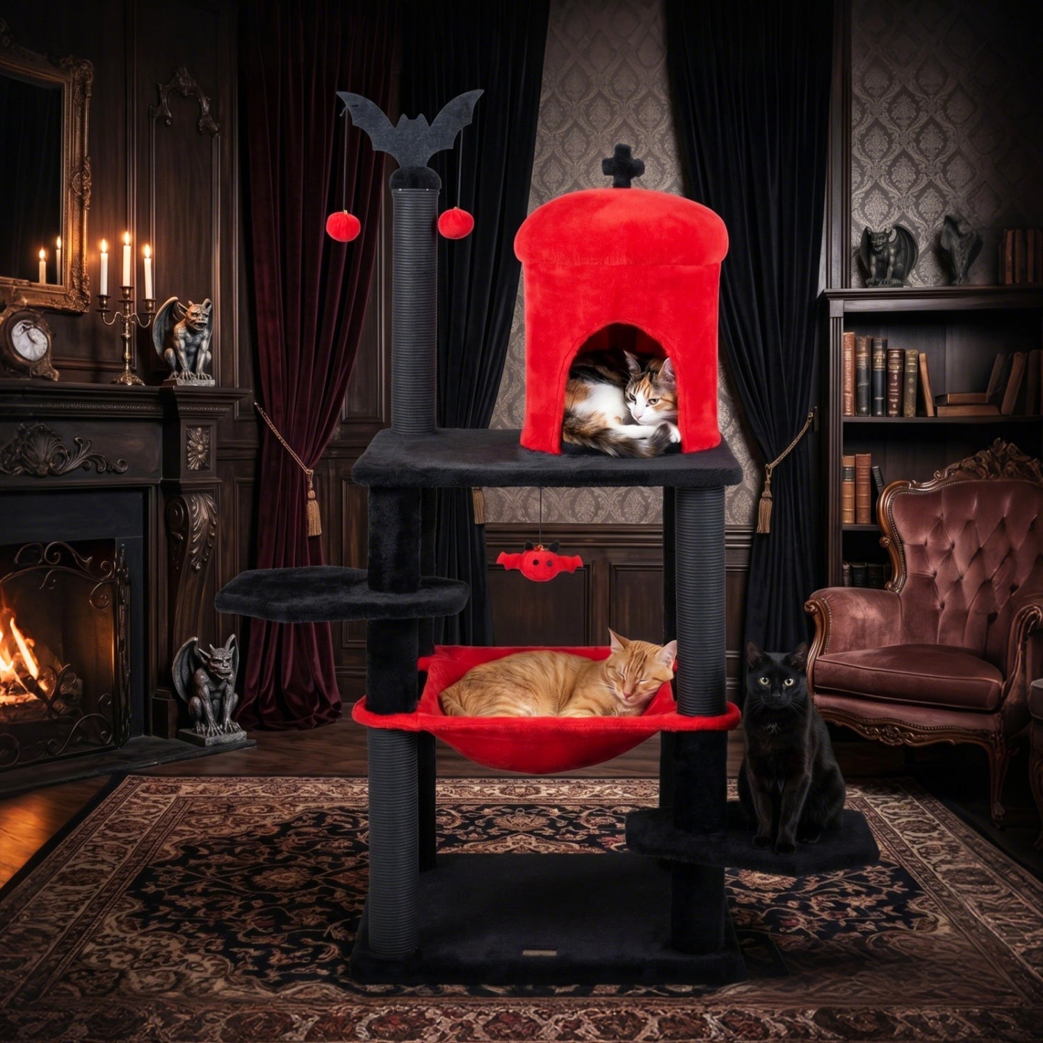 51" Gothic Multi-Level Cat Tree with Spider Toy & Hammock - Majestic Pet Kingdom