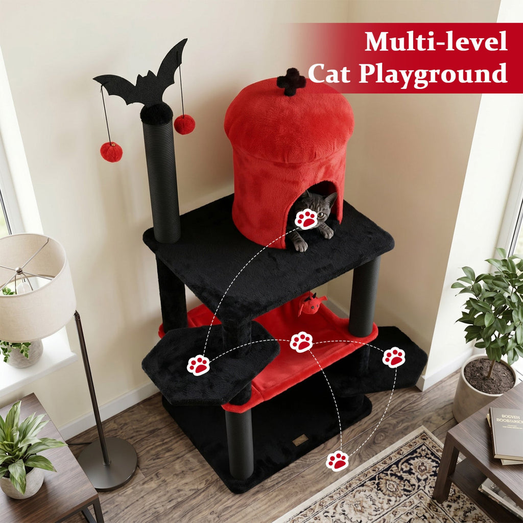 51" Gothic Multi-Level Cat Tree with Spider Toy & Hammock - Majestic Pet Kingdom